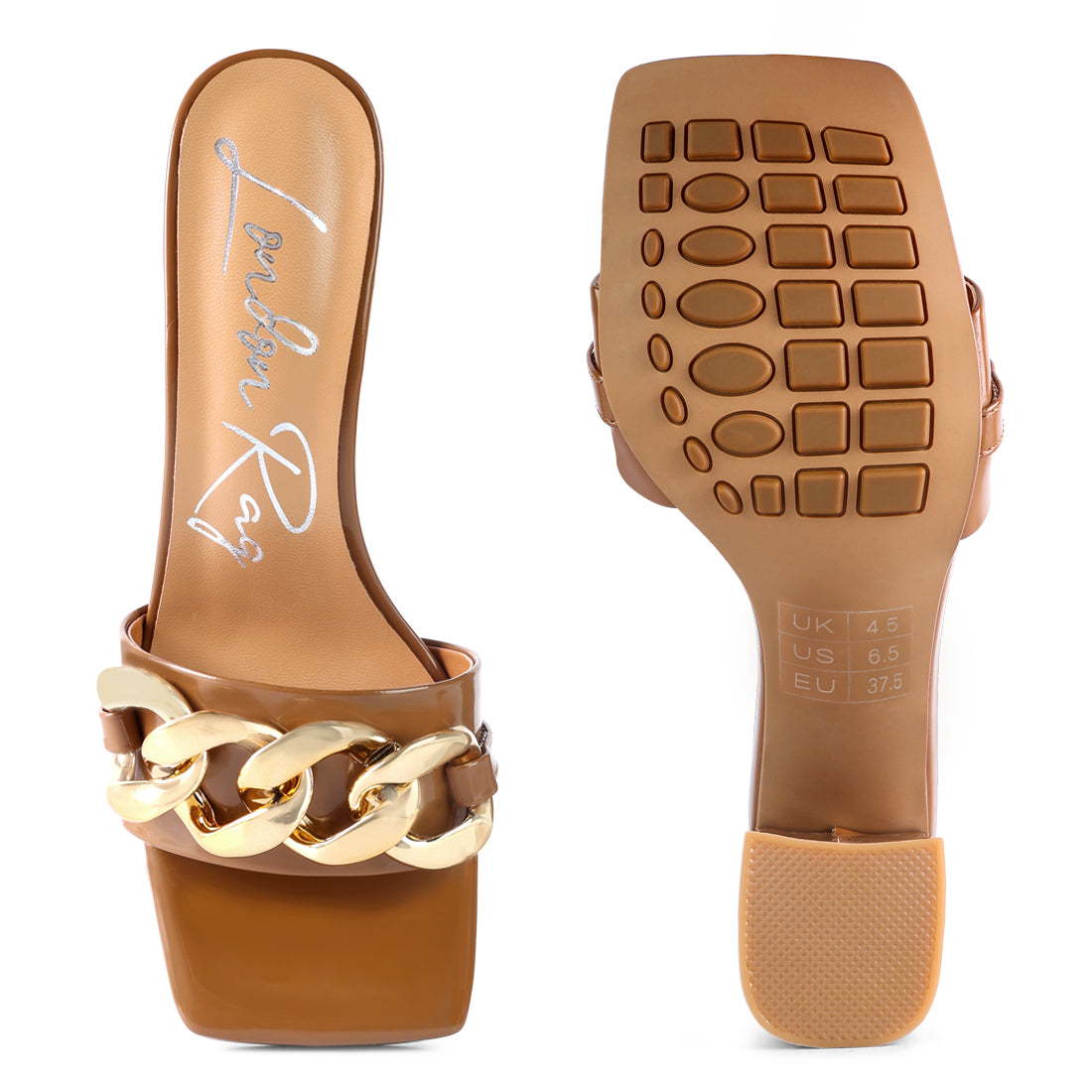 Metal Chain Detail Block Heel Sandal in Brown