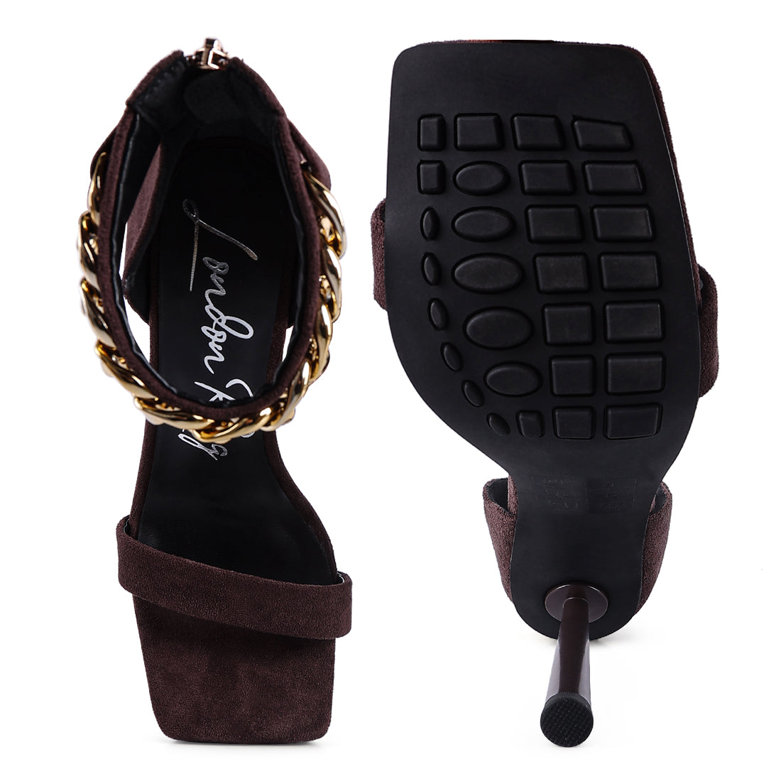 Brown Heeled Chain Strap Sandal