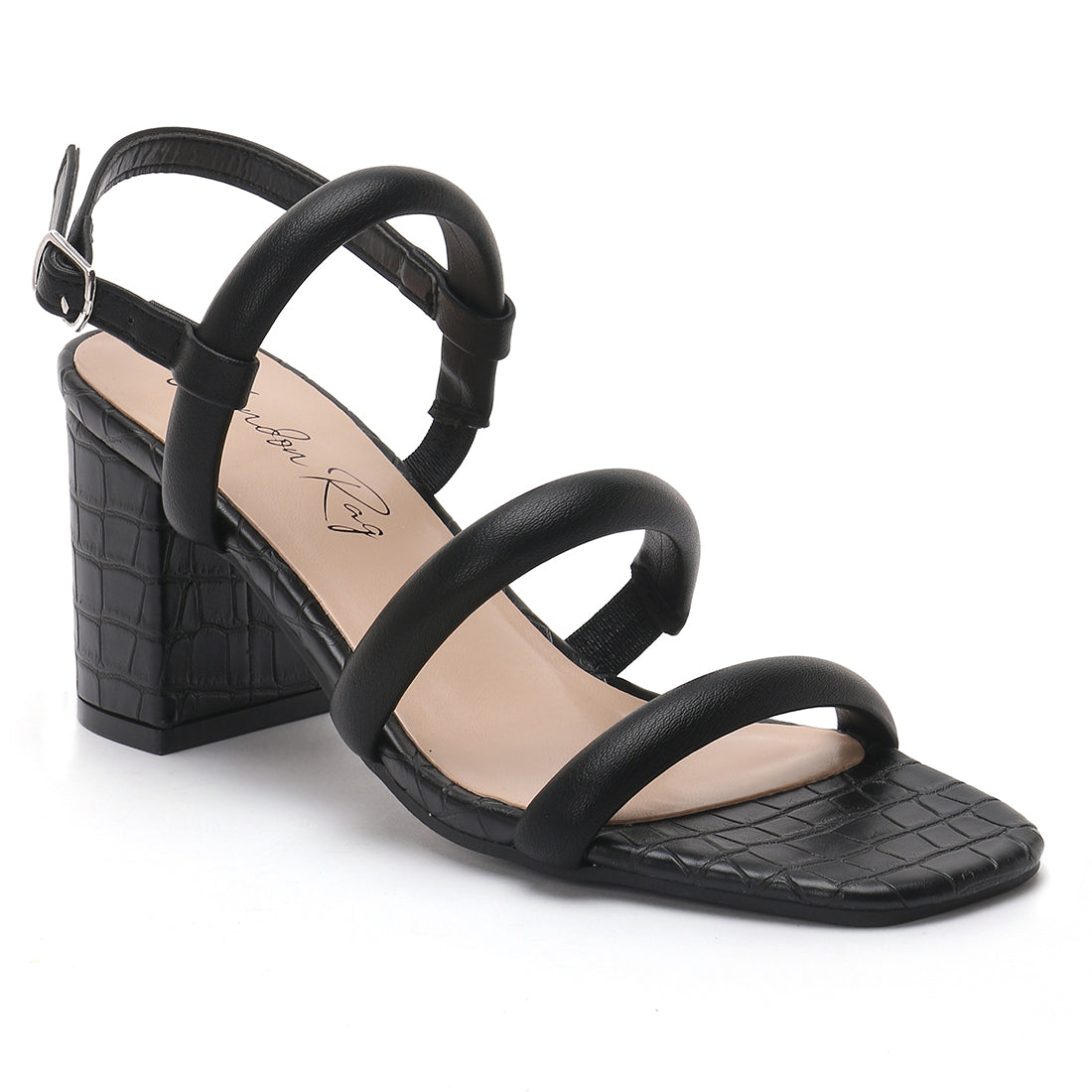 Slater Croc Slingback Block Sandals in Black