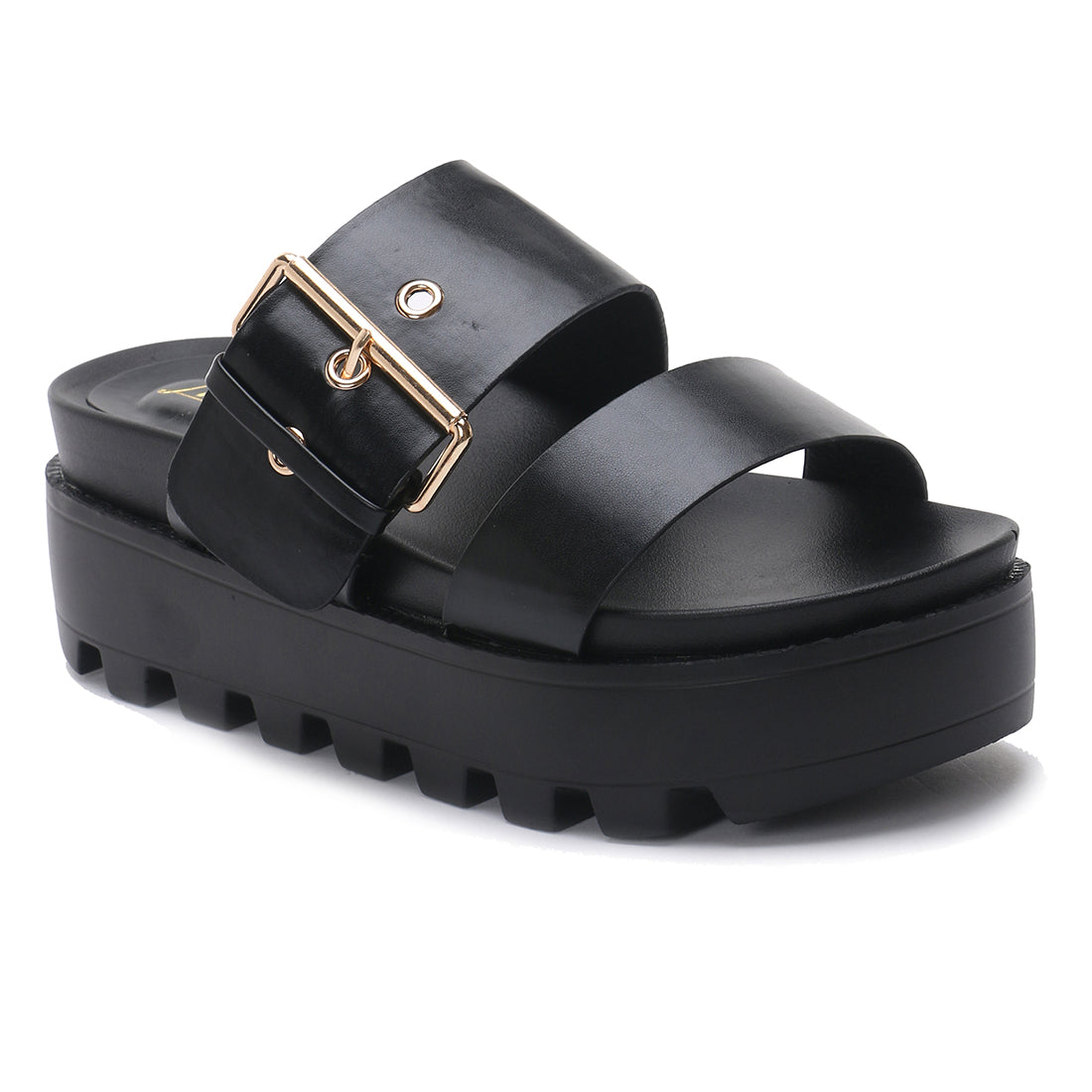 Metal Buckle Platform Sandals in Black