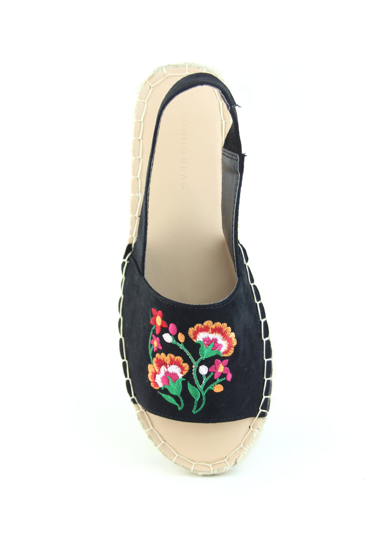 Black Flat Embroidered Espadrilles - Black