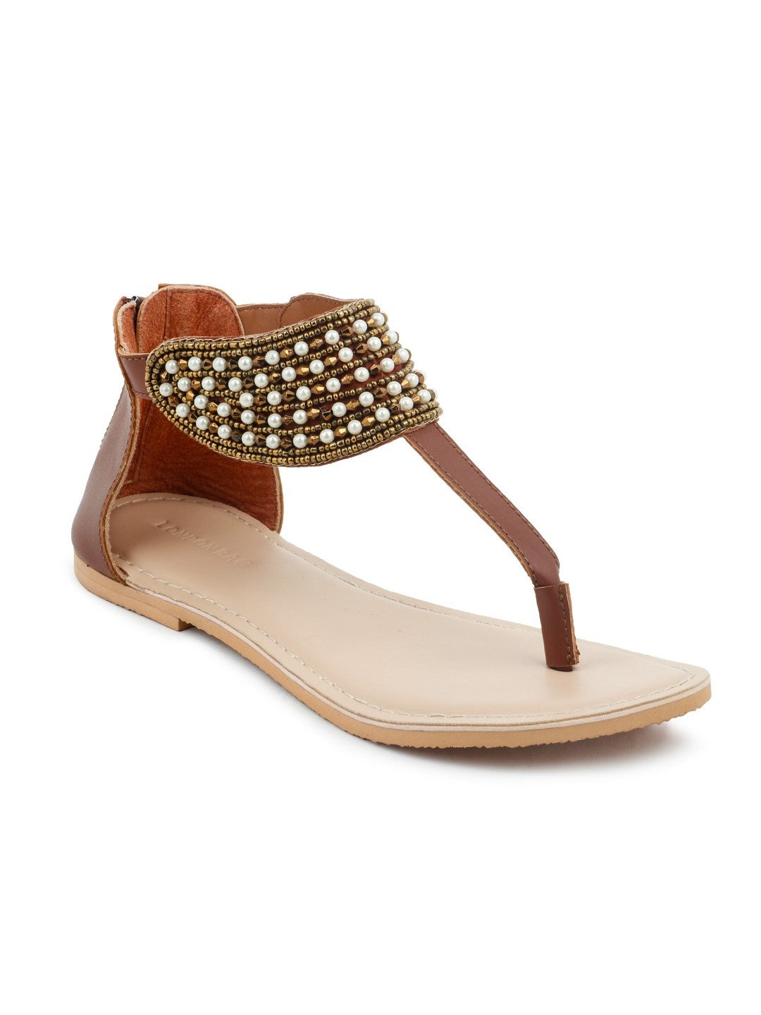 Tan Embellished Flat Sandal - Tan