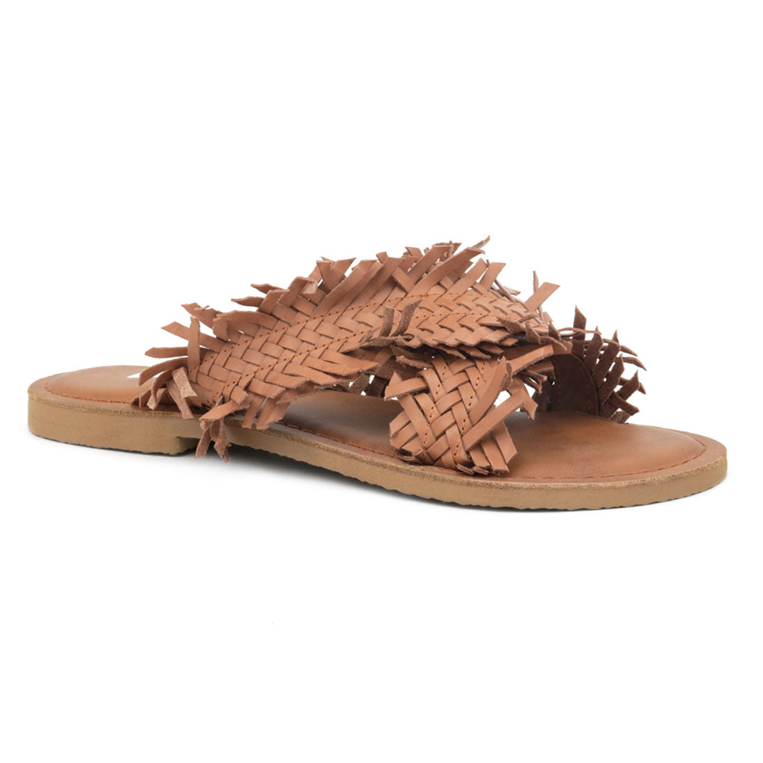 Origami Style Tan Cross Strap Flat Sandals - Tan