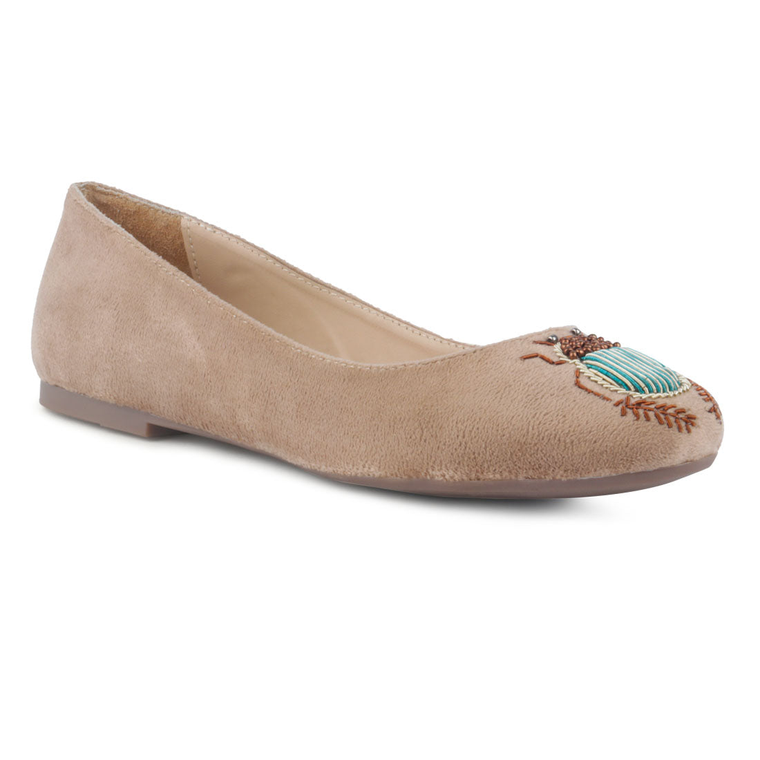 Beige Lady Bug on Toe Suede Ballerinas - Beige