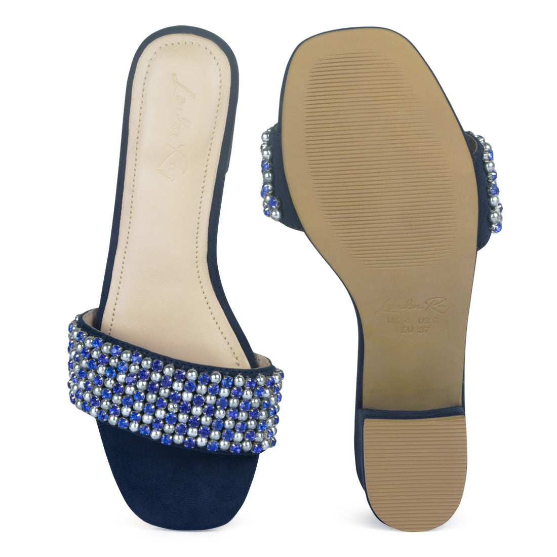 Block Heel Slides with Beaded Straps - Navy