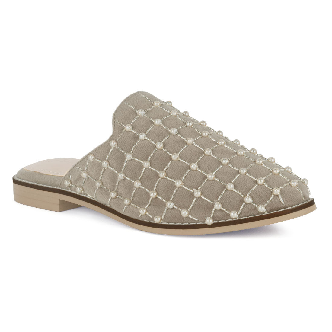 HANDCRAFTED EMBROIDERED VELVET MULES IN TAUPE - Taupe