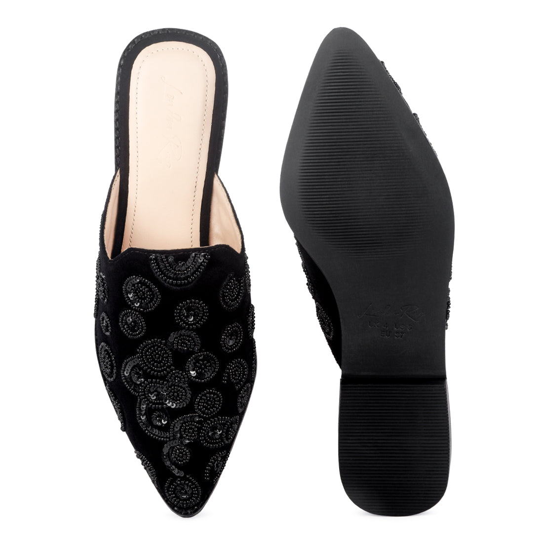 HANDCRAFTED EMBROIDERED VELVET MULES IN BLACK - Black