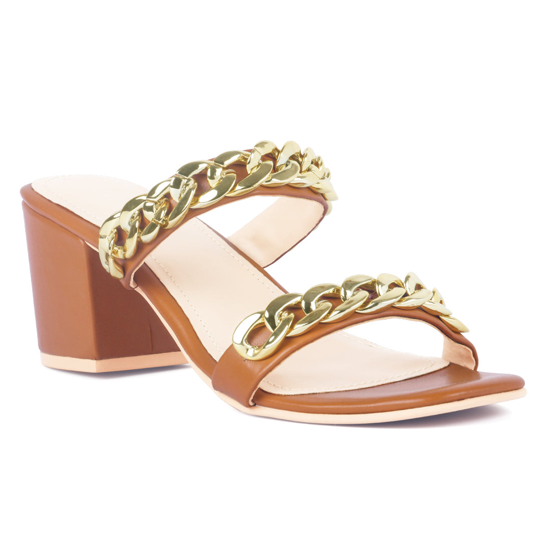TAN BLOCK HEEL SLIDE SANDALS - Tan