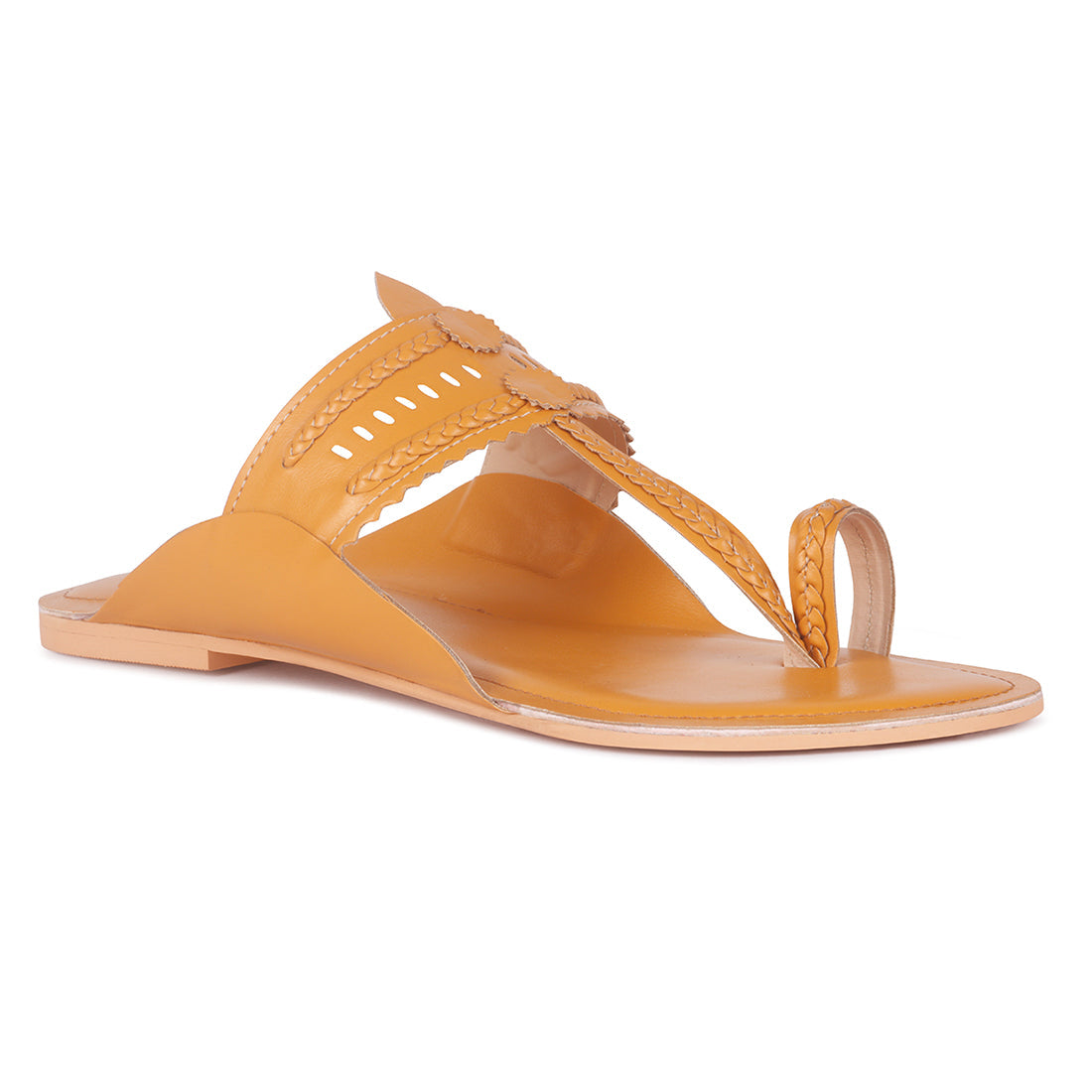 Handcrafted Mustard Cut Work Kolhapuri Flats - Mustard