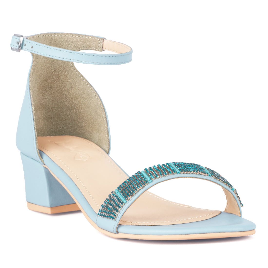 Blue Crystal Lined Slingback Block Heel Sandal - Light Blue