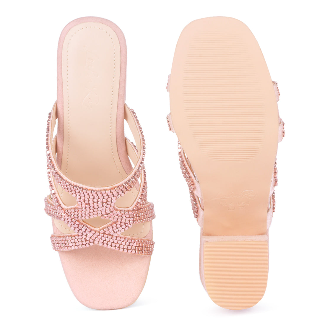 Blush Shiny Stud Handcrafted Block Heeled Satin Sandals - Blush