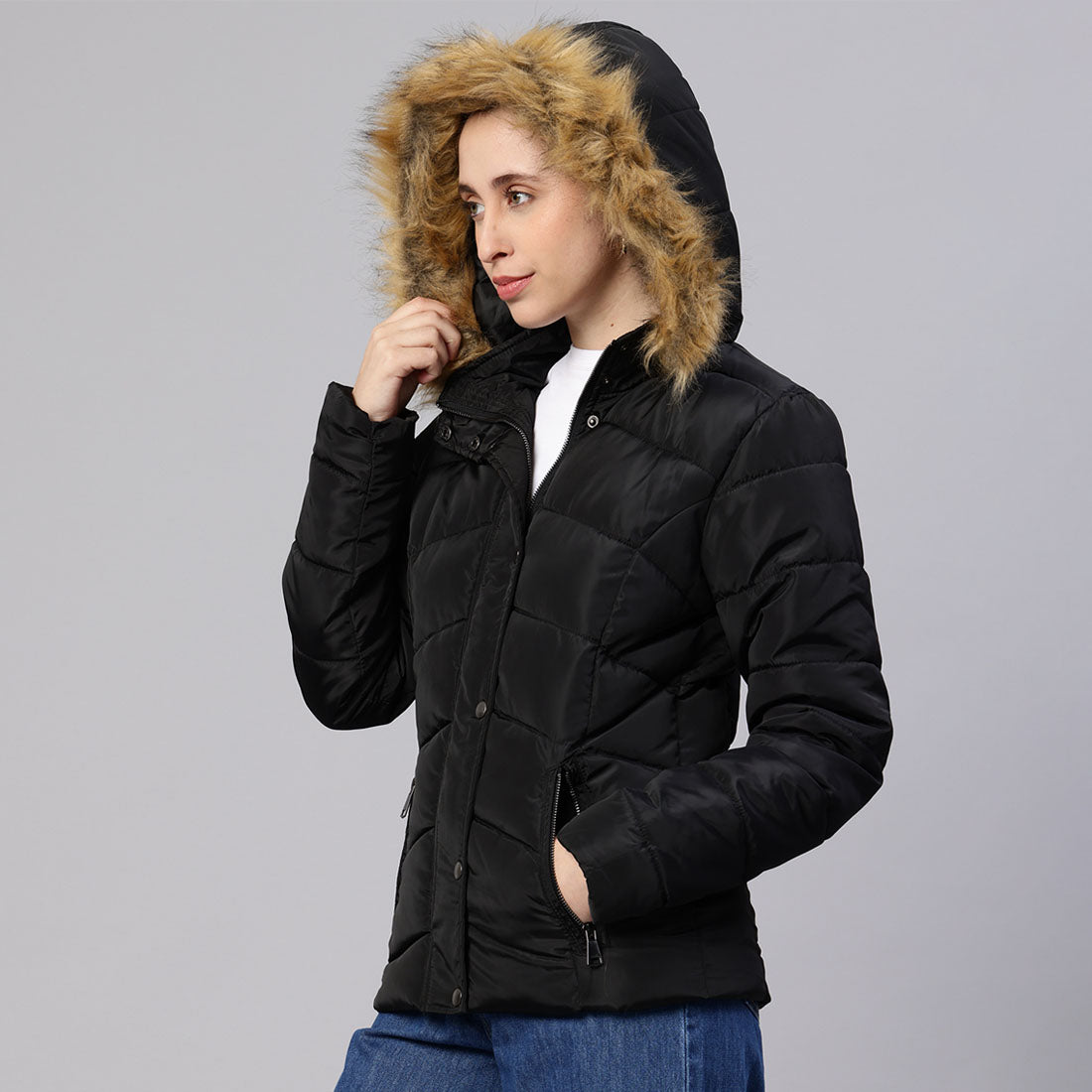 long sleeves puffer hoodie#color_black