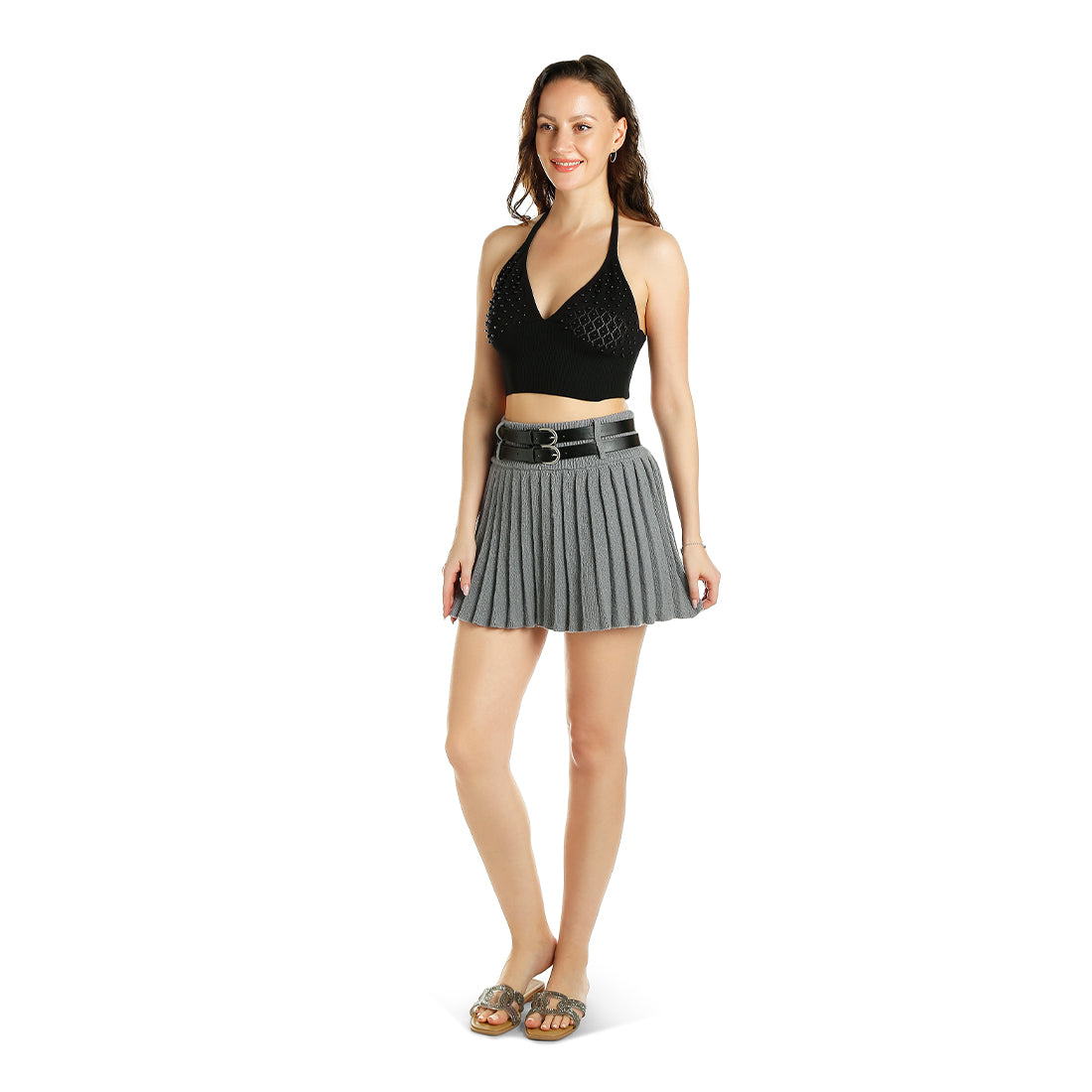 dual belt pleated skirt#color_grey