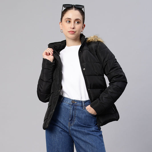 long sleeves puffer hoodie#color_black