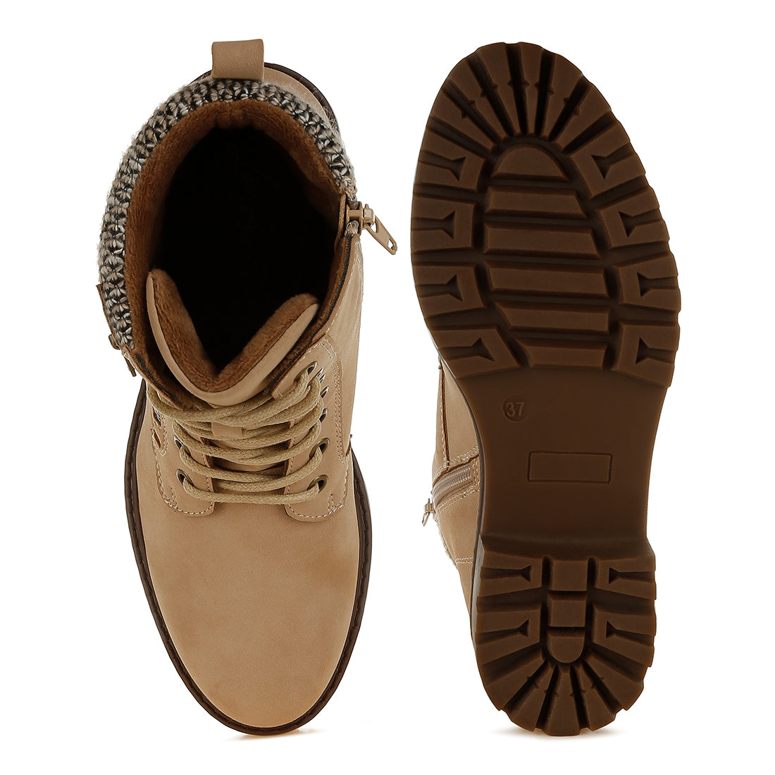 women knitted collar zip-up hiker boots#color_beige