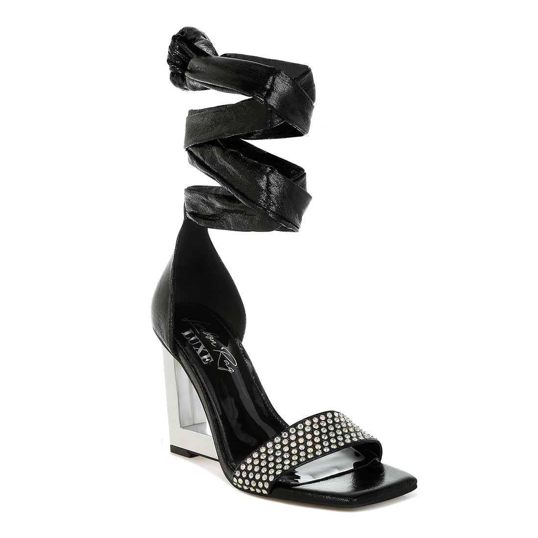 rhinestone studded lace-up fantasy heels#color_black