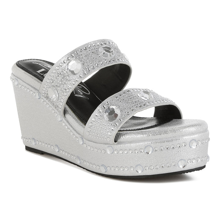 rhinestone & diamante wedge sandals#color_silver