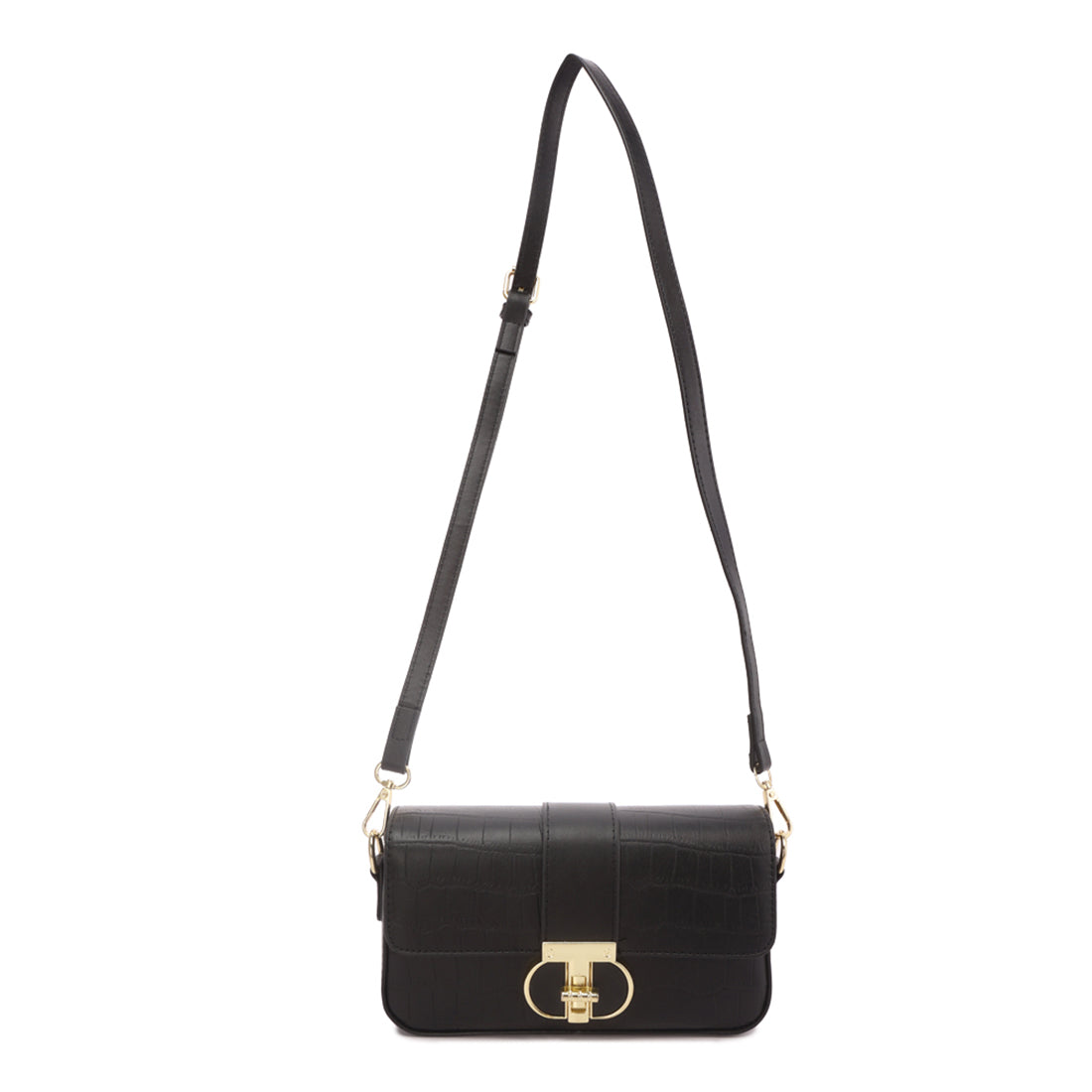 metallic buckle baguette handbag#color_black