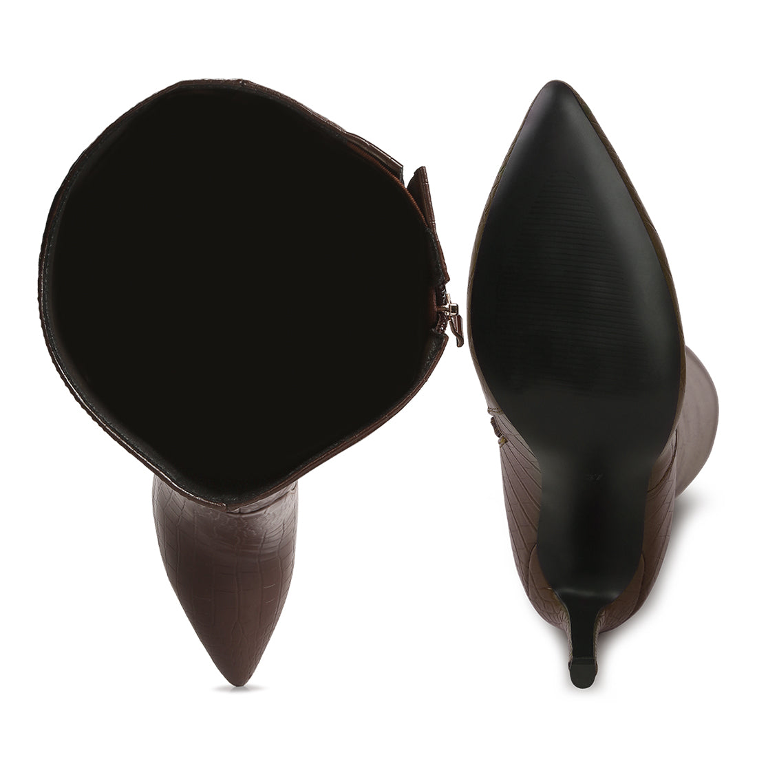 high heeled croc calf boots#color_brown