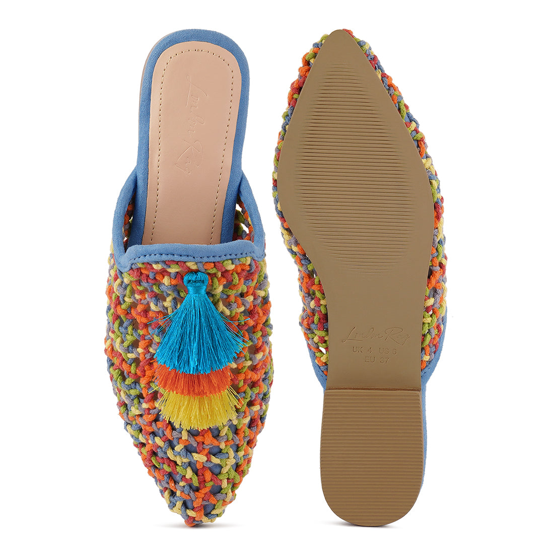 cotton mesh tasseled mules#color_multicolor