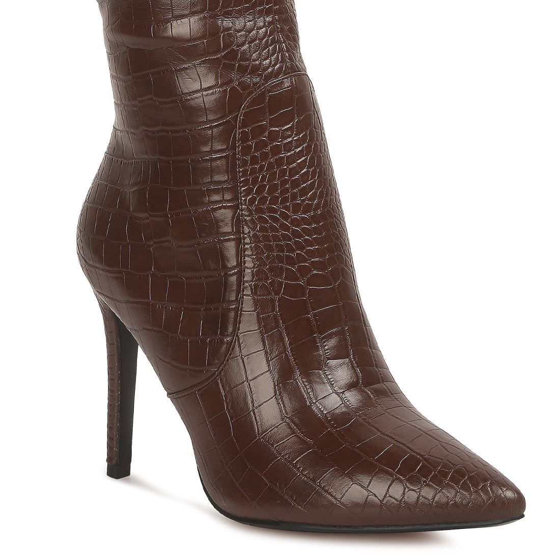 high heeled croc calf boots#color_brown