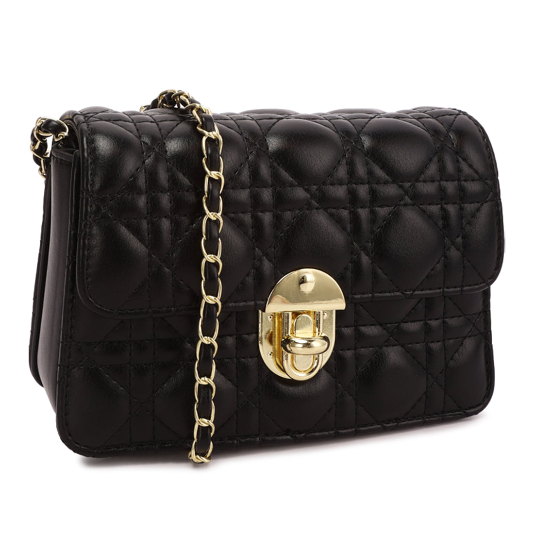 quilted metallic buckle cluch bag#color_black