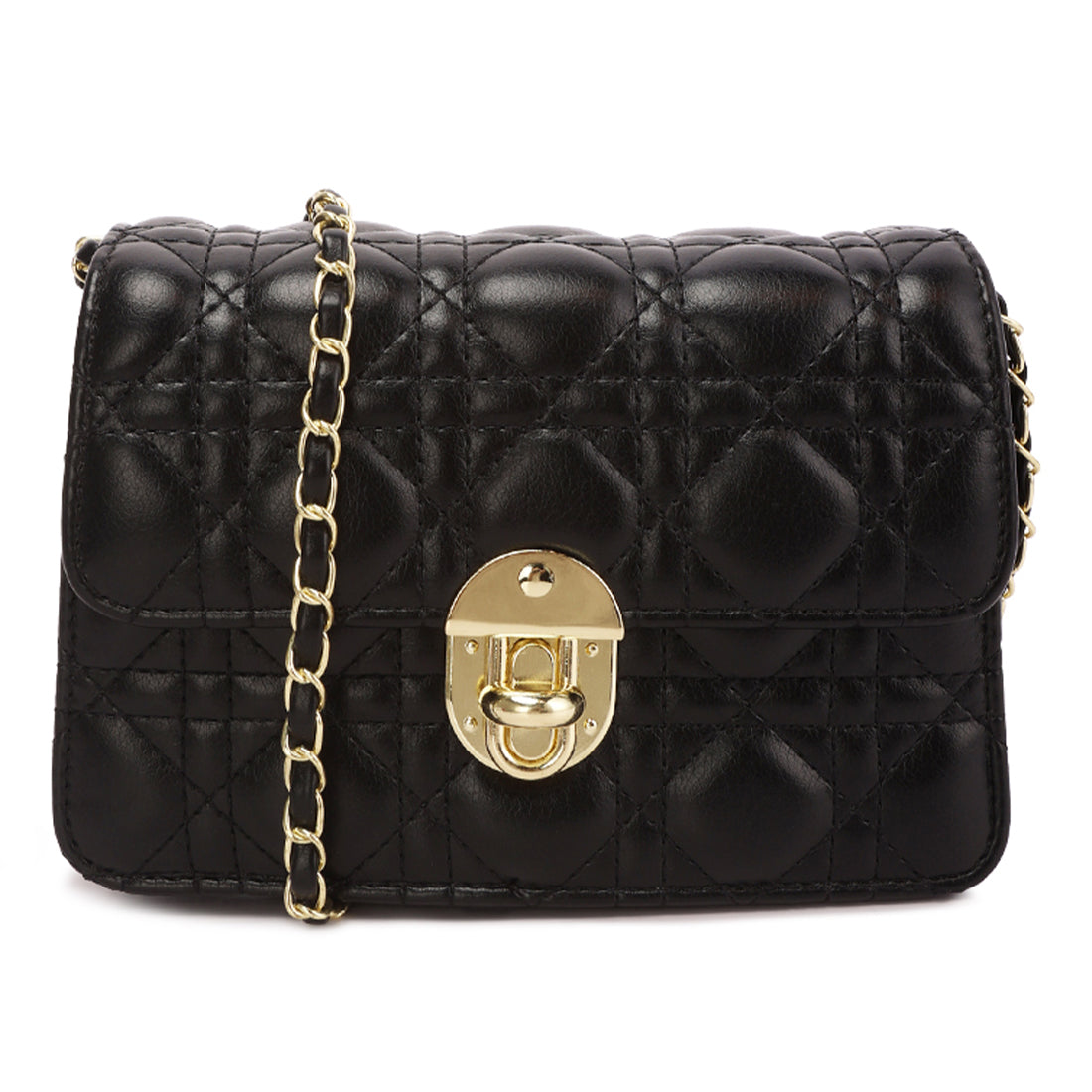 quilted metallic buckle cluch bag#color_black
