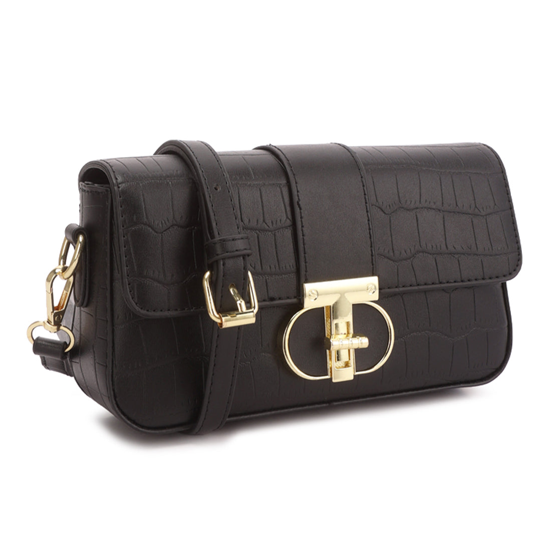 metallic buckle baguette handbag#color_black