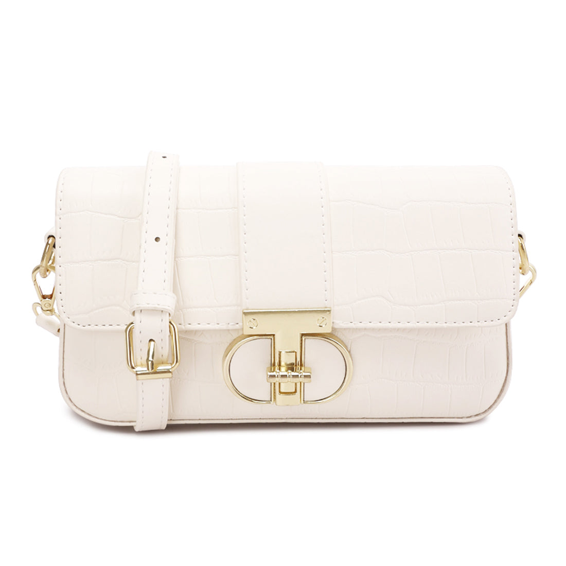 metallic buckle baguette handbag#color_white