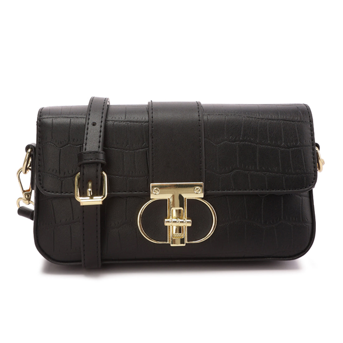 metallic buckle baguette handbag#color_black