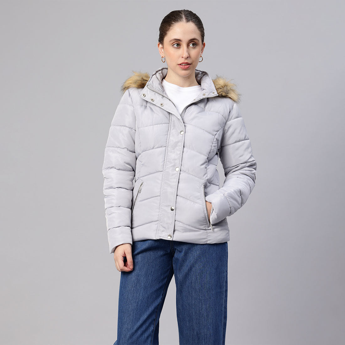 long sleeves puffer hoodie#color_grey