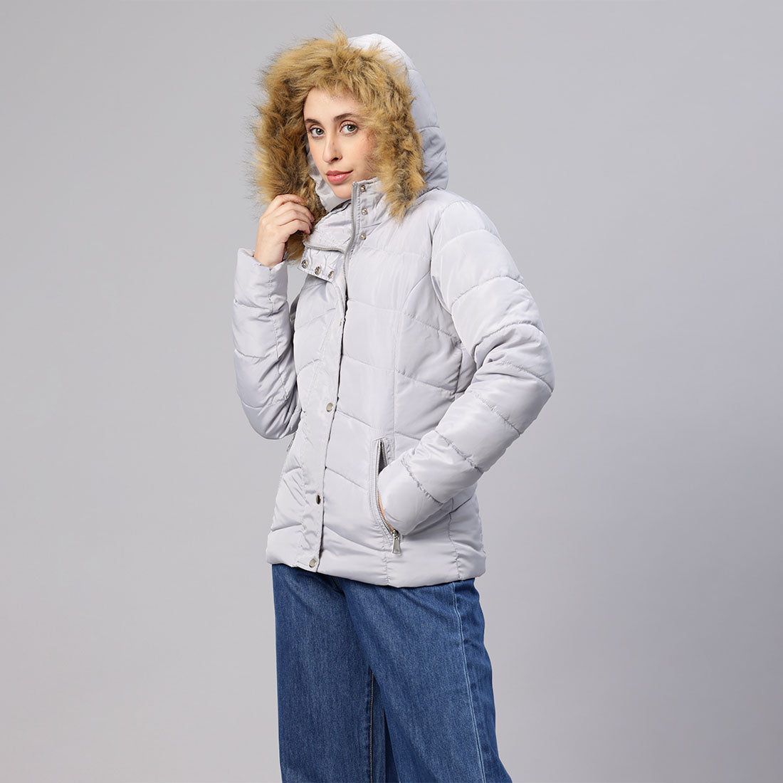 long sleeves puffer hoodie#color_grey