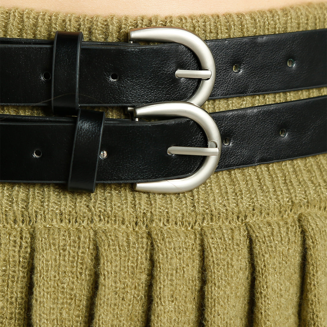 dual belt pleated skirt#color_olive