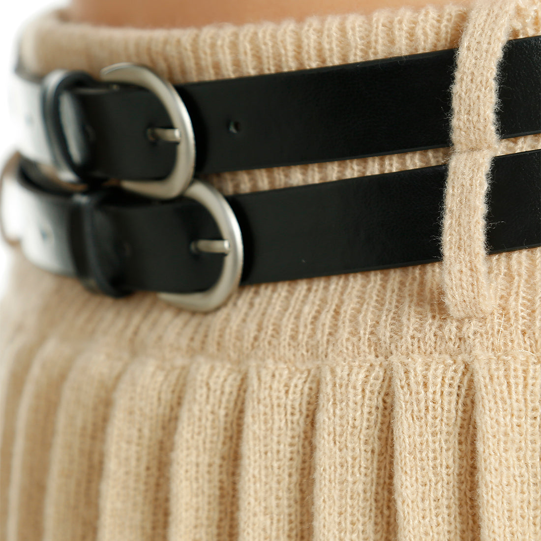 dual belt pleated skirt#color_khaki