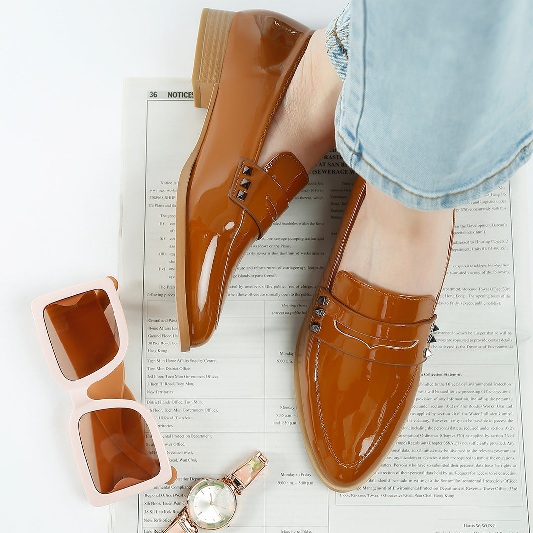 patent pleather penny loafers#color_tan