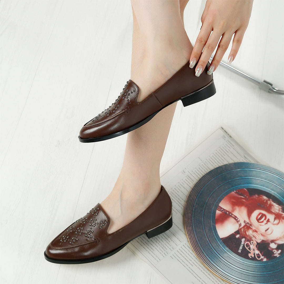 studded genuine leather loafers
#color_brown