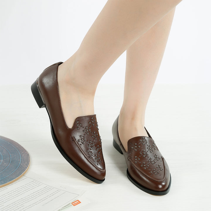 studded genuine leather loafers
#color_brown