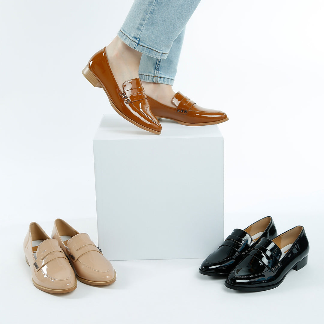 patent pleather penny loafers#color_tan