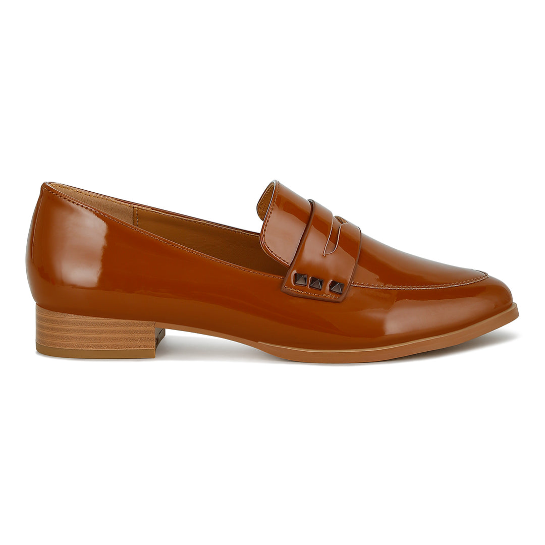 patent pleather penny loafers#color_tan