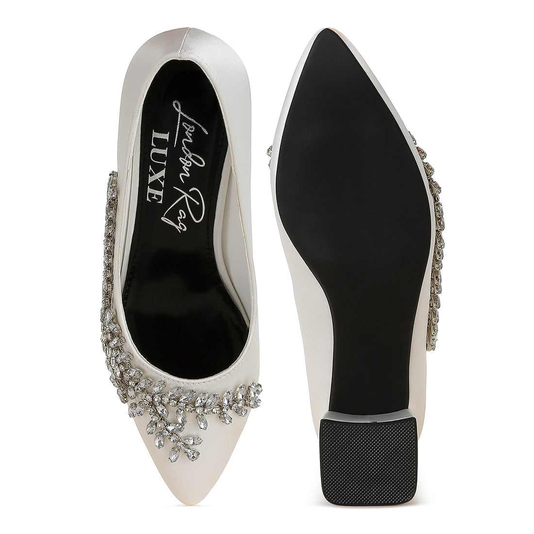 satin diamante embellished pumps#color_white