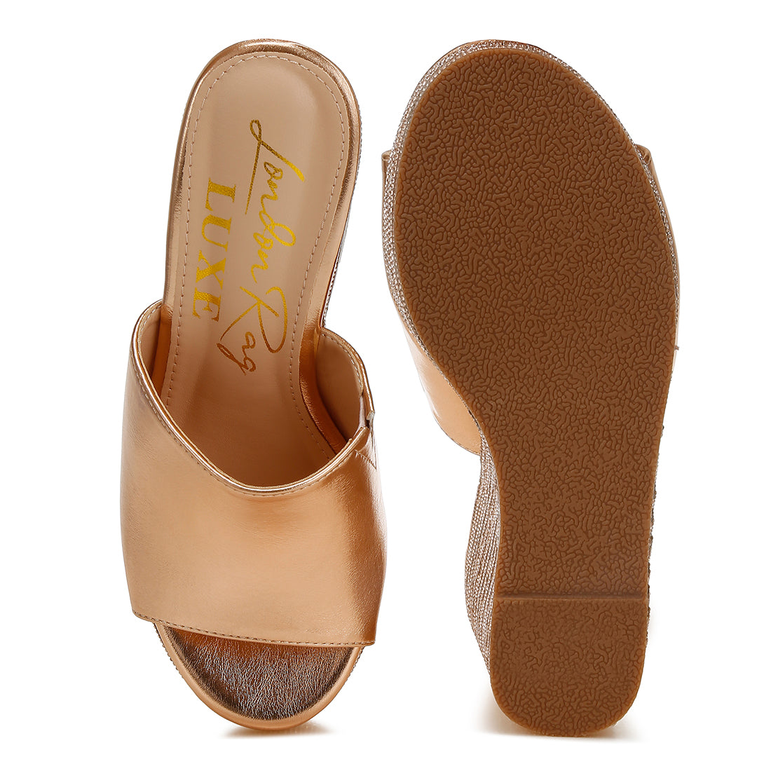 wedge heel peep toe sandals#color_rose-gold