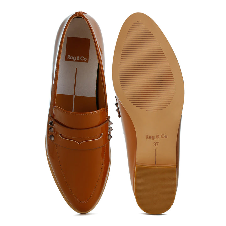 patent pleather penny loafers#color_tan