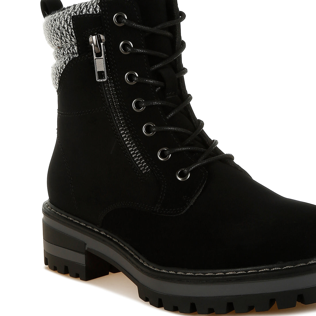 women knitted collar zip-up hiker boots#color_black