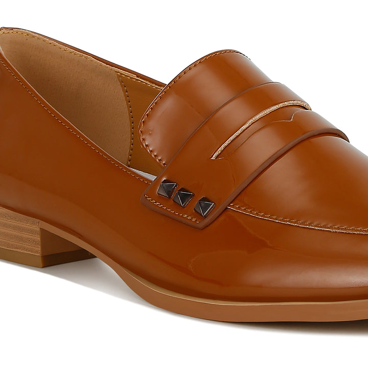 patent pleather penny loafers#color_tan