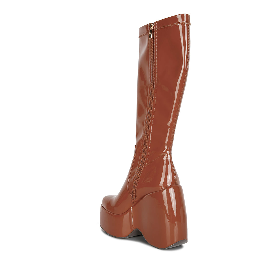 Dirty Dance Patent High Platform Calf Boots#color_tan