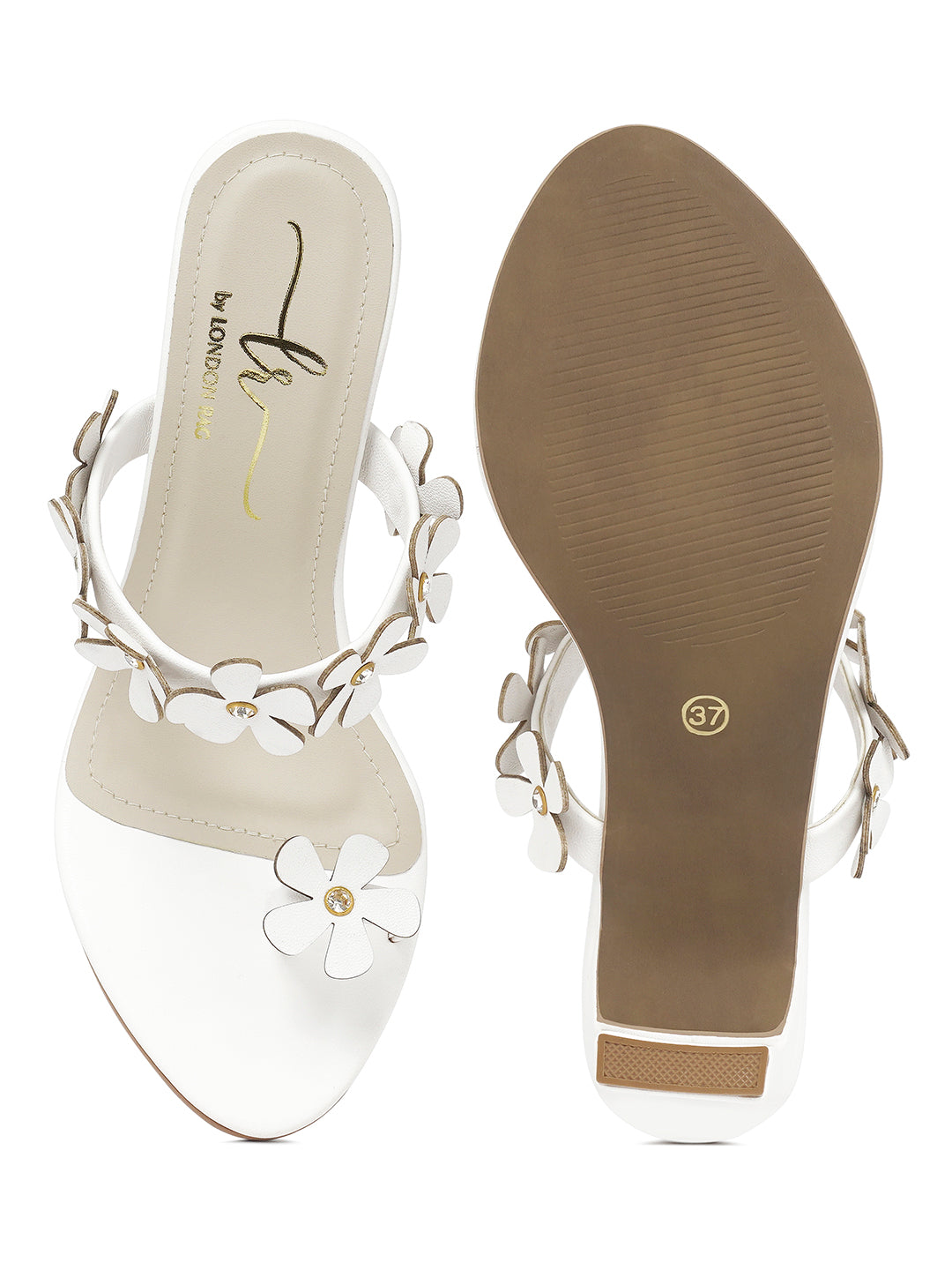 women floral applique slip-on block heels#color_white