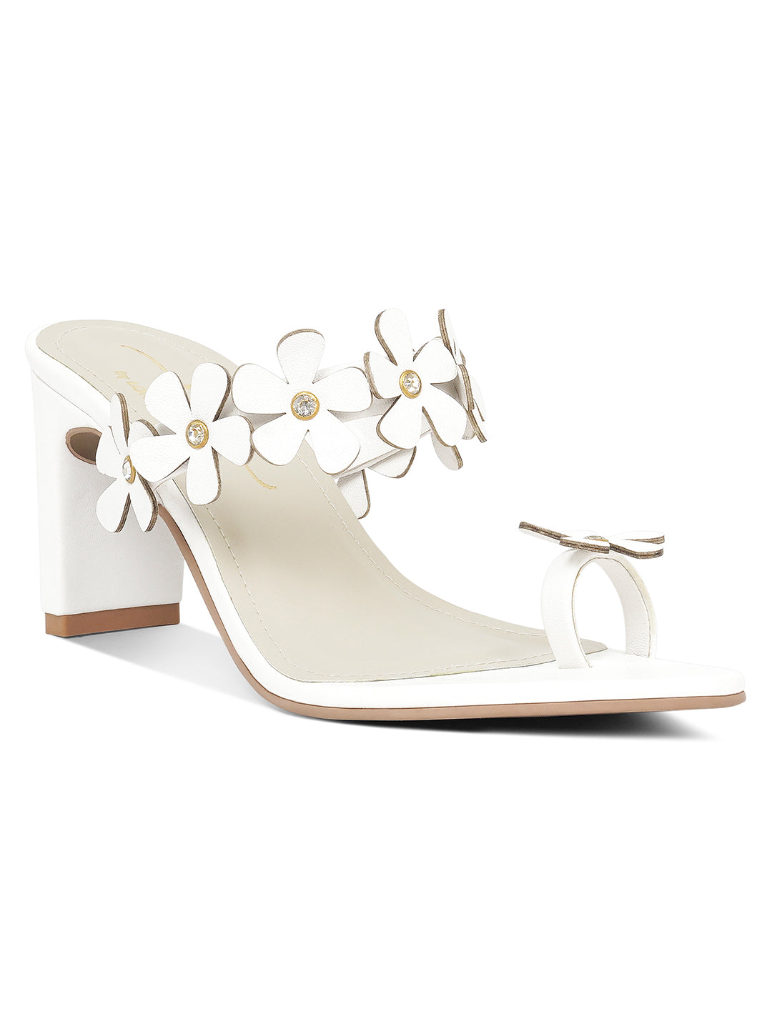 women floral applique slip-on block heels#color_white