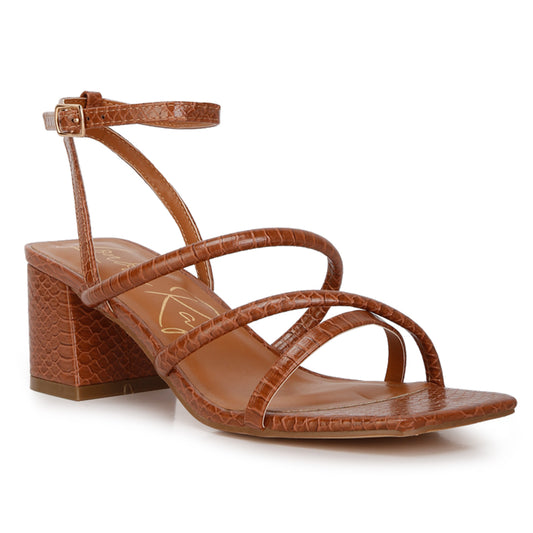 Tan Croc Mid Block Heel Casual Sandals