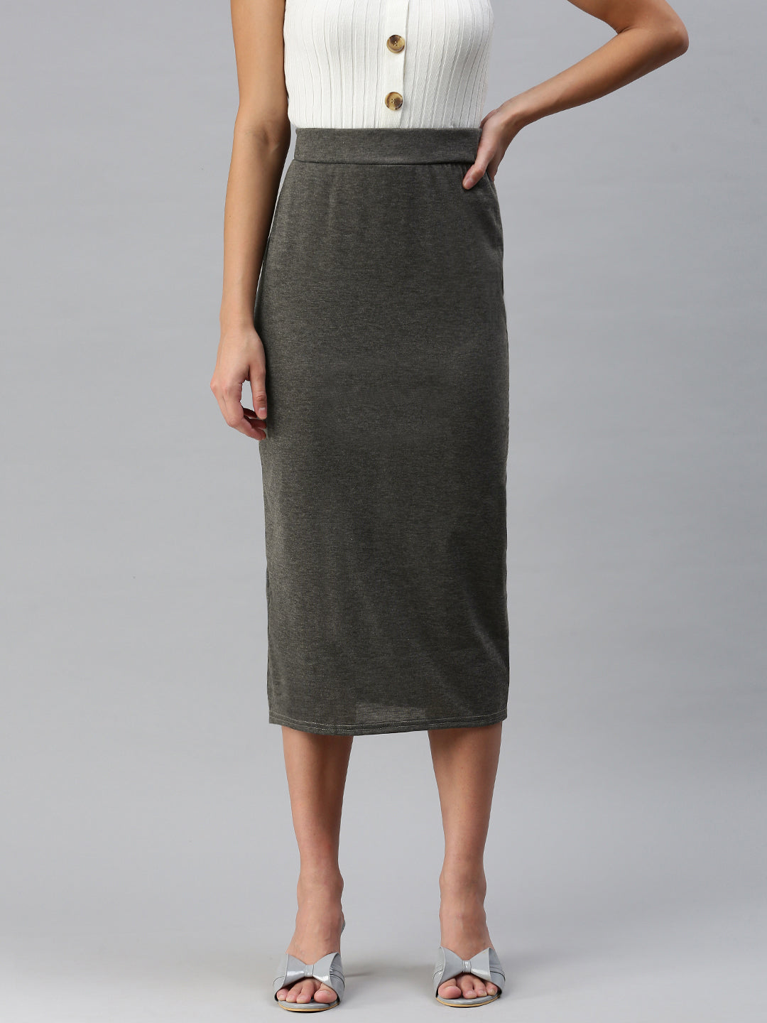 knitted long tube skirt#color_grey