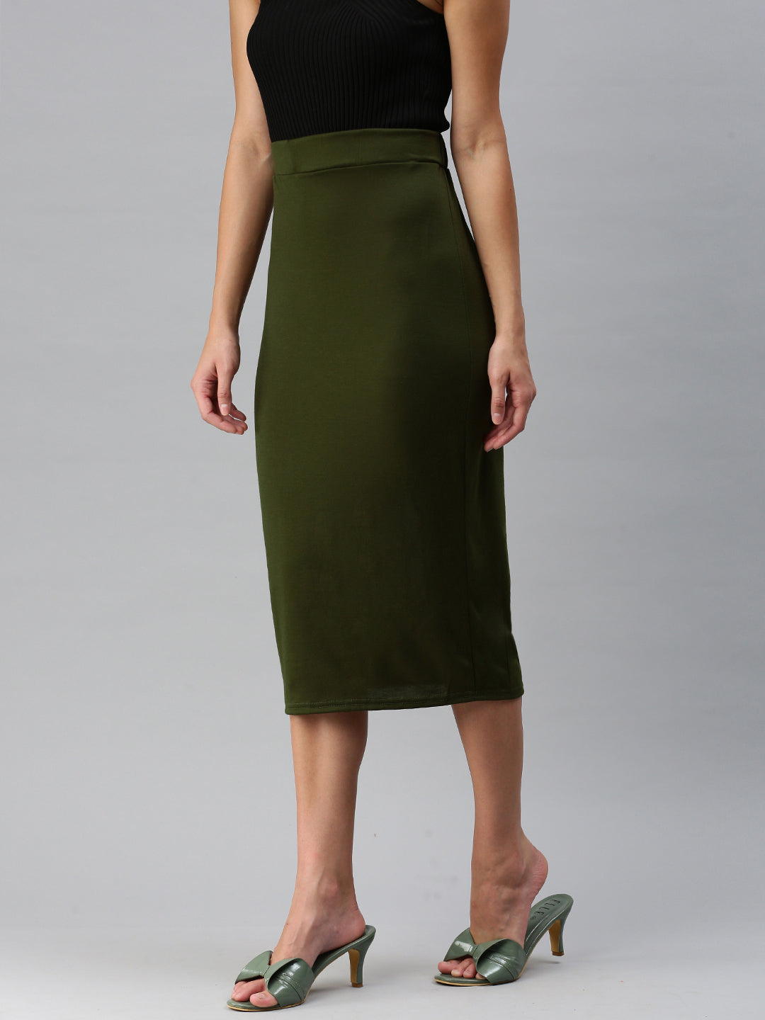 knitted long tube skirt#color_olive